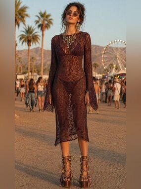 Women’s Main Strip bronze Crochet Cover-Up Dress